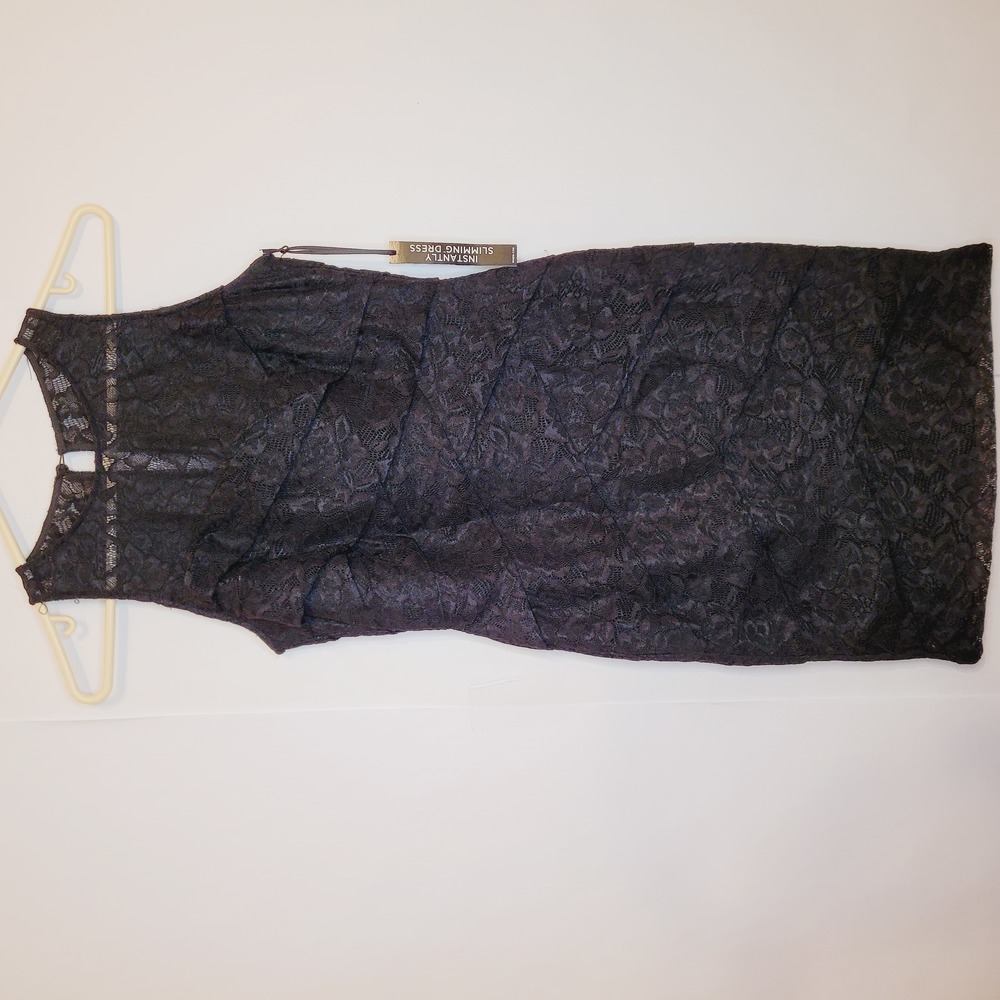 NWT White House Black Market black draped lace slimming dress